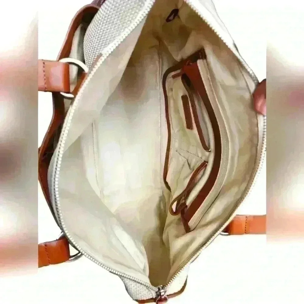 Antonio Melani Leather Tan Canvas Shoulder Bag Purse - Picture 2 of 4